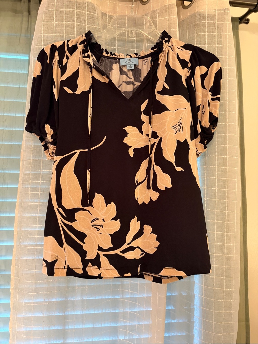 CeCe Black Top with Cream Floral Print and Tie V-Neck